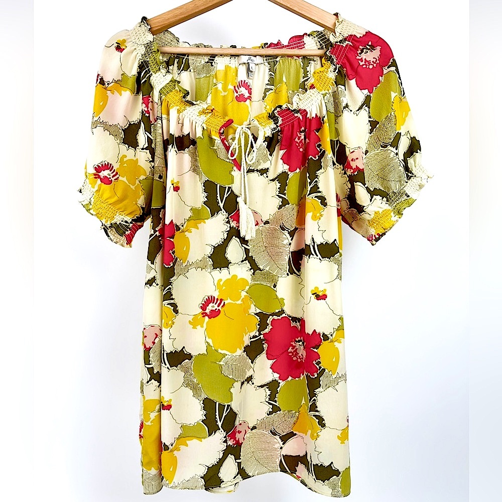 Joie Masha Silk Short Sleeve Green and Pink Blouse Size L